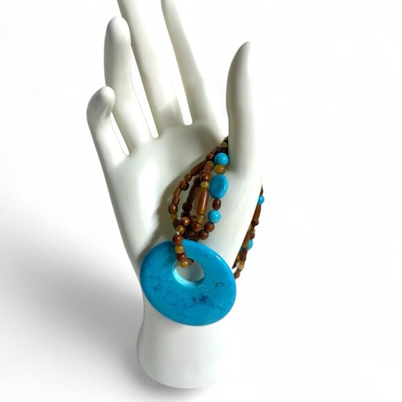 Vintage Dyed Howlite & Wood Bead Necklace Boho Layered Style Round Pendant - Picture 6 of 8